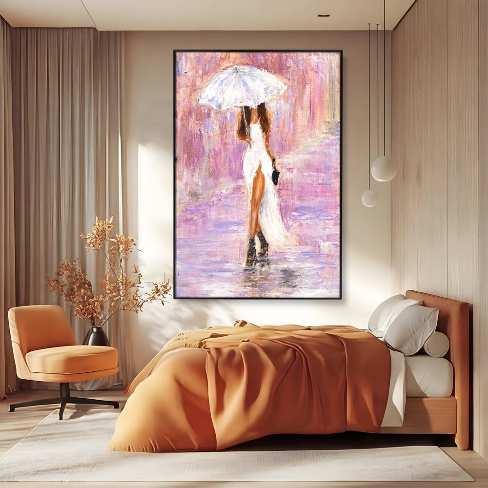 Tablou canvas cu pictura cu femeie si umbrela alba, in rama de aluminiu negru, pe perete intr-un dormitor